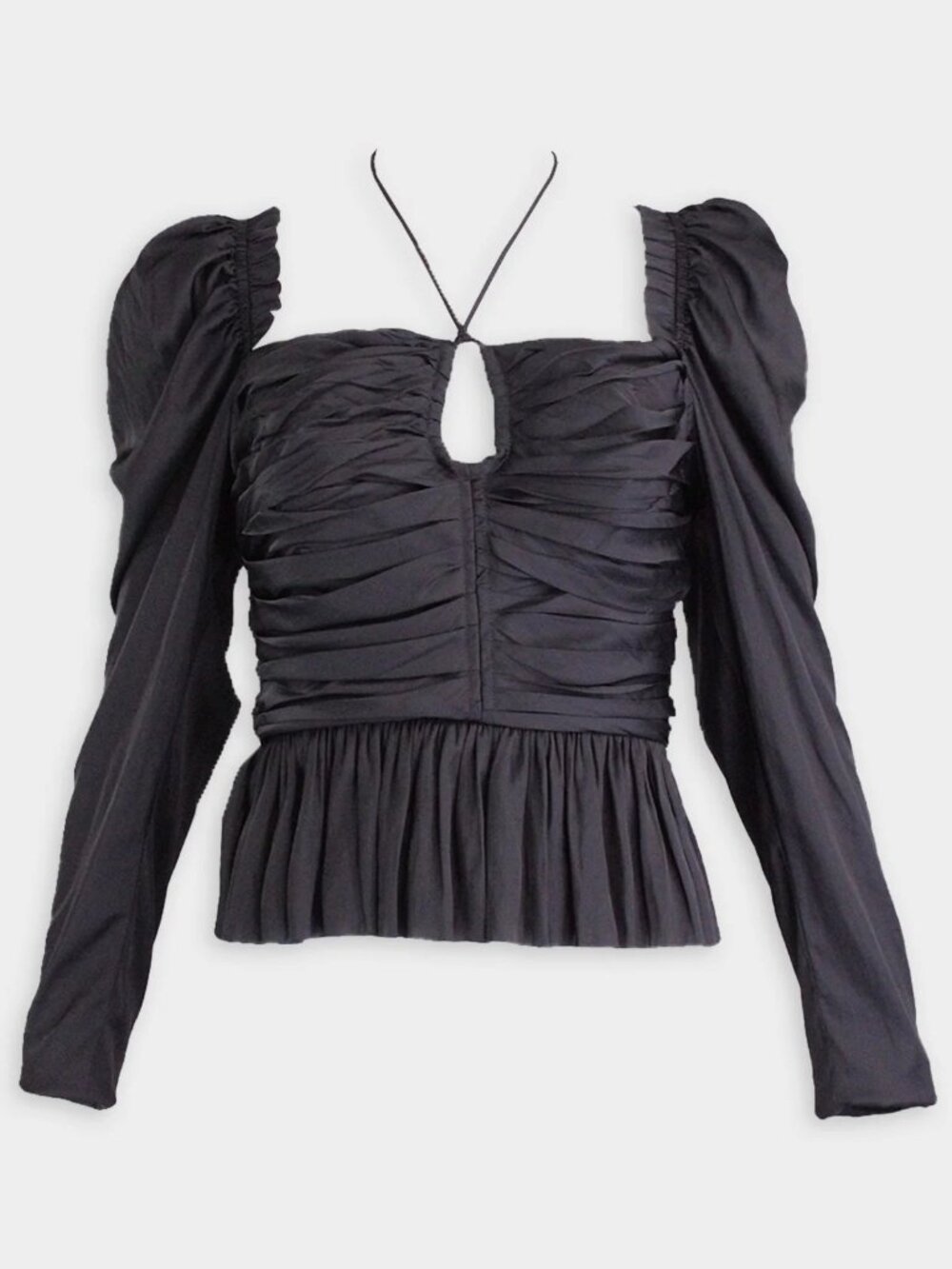 Black Silk Tie-Front Ruched Peplum Blouse